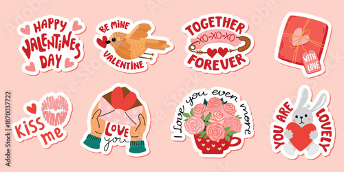 Valentine's Day stickers pack with hand written message. Flying bird with a heart, bouquet of roses, greeting, hands with an envelope, gift, cute bunny, female lips. Vector cartoon illustrations.  