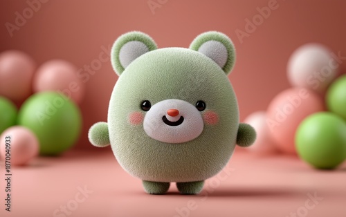 Cute Fluffy Green Round Character with Big Eyes and Smiling Face