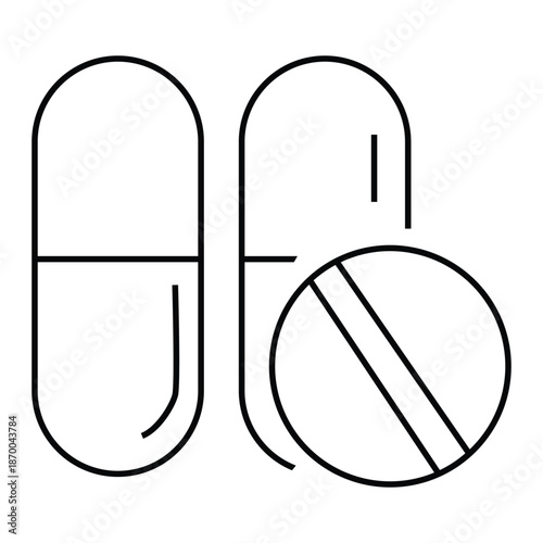 Black line drawing of a capsule and a tablet