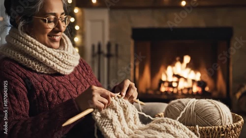 Woman knitting by cozy fireplace, warm winter hobby, close-up hands crafting yarn