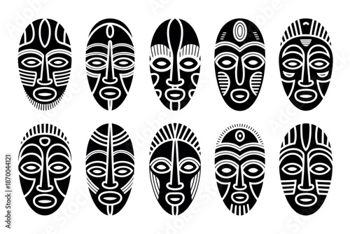 A collection of traditional African tribal masks on a white background