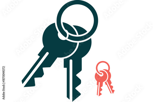 A graphic illustration of a large set of keys and a small set of keys on a white background