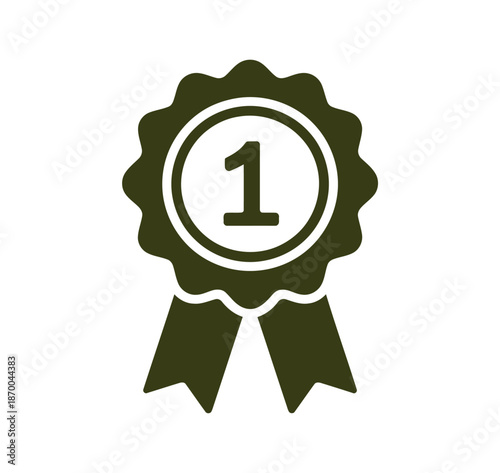 A green rosette award ribbon with the number one on it, symbolizing first place or achievement