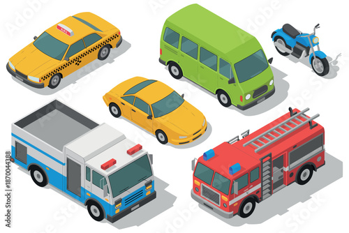 A colorful illustration of various emergency and public service vehicles on a white background