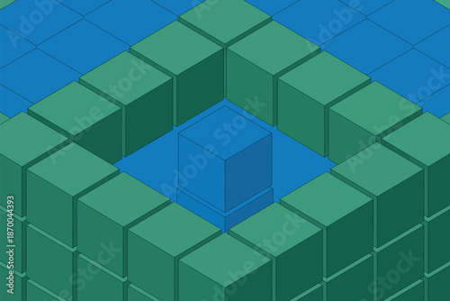 A 3D illustration of a blue cube surrounded by green cubes in a maze-like pattern