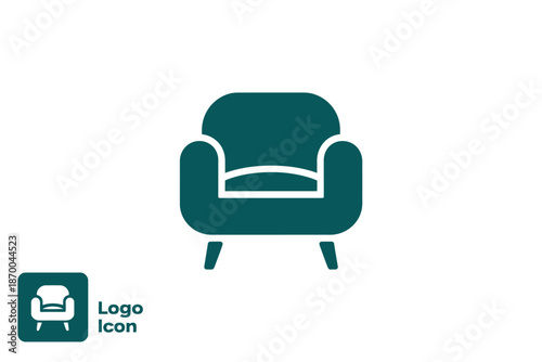 A simple green chair icon with a logo on a white background