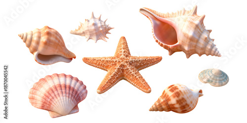 a collection of various seashells and a starfish showcasing natural textures and colors on transparent background