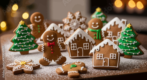 Festive christmas gingerbread house village scene with decorated trees and snow icing on wooden table with holiday and sweet treat and baking