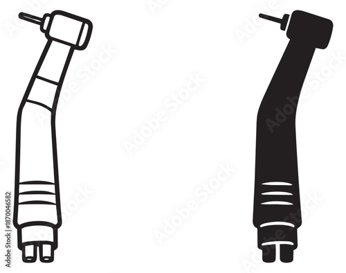 Graphic dental handpiece set featuring a dental drill in line art and solid styles for dentistry