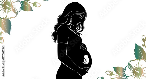 Silhouette artwork illustrating a pregnant woman tenderly cradling her growing unborn baby symbolizing maternity and new life on white background
