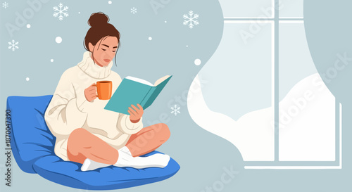 Cozy young woman wearing a warm white turtleneck sweater enjoying reading a book and holding a hot beverage on white background