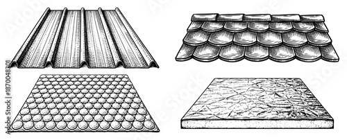 Set of hand drawn engraved construction textures including roof tiles and metal