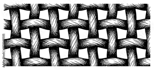Macro view of woven fabric texture in black and white engraving style
