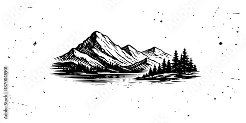 Minimalist mountain landscape over water with grunge texture in woodcut style