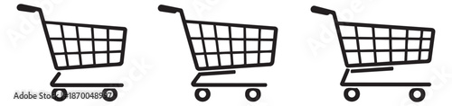 Simple line art shopping cart icon set featuring various designs for online shopping