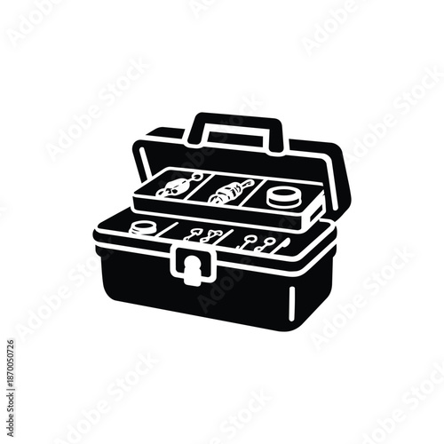 Black and white vector open fishing tackle box icon isolated on white background