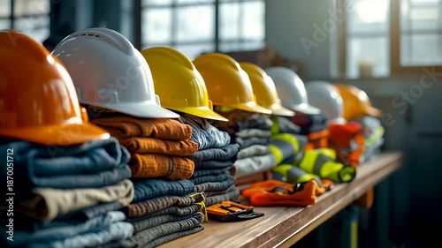 Row of colorful hard hats orange yellow helmets stacked work gloves safety gear on wooden workbench