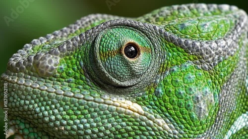 Extreme Close-up of a Green Chameleon's Eye and Scaly Skin