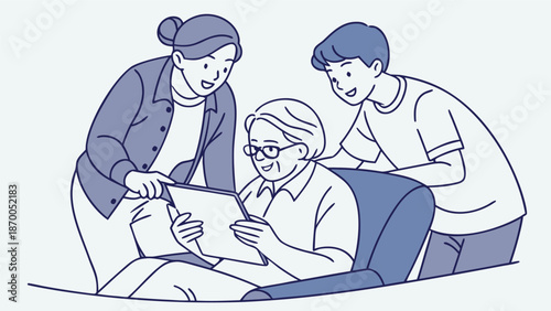 Family digital connection : A multigenerational family gathers to share moments through a digital device, fostering bonds.