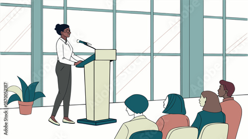 Woman Speaker Addressing Audience: A woman delivers a speech at a podium, captivating an attentive audience with her compelling words.