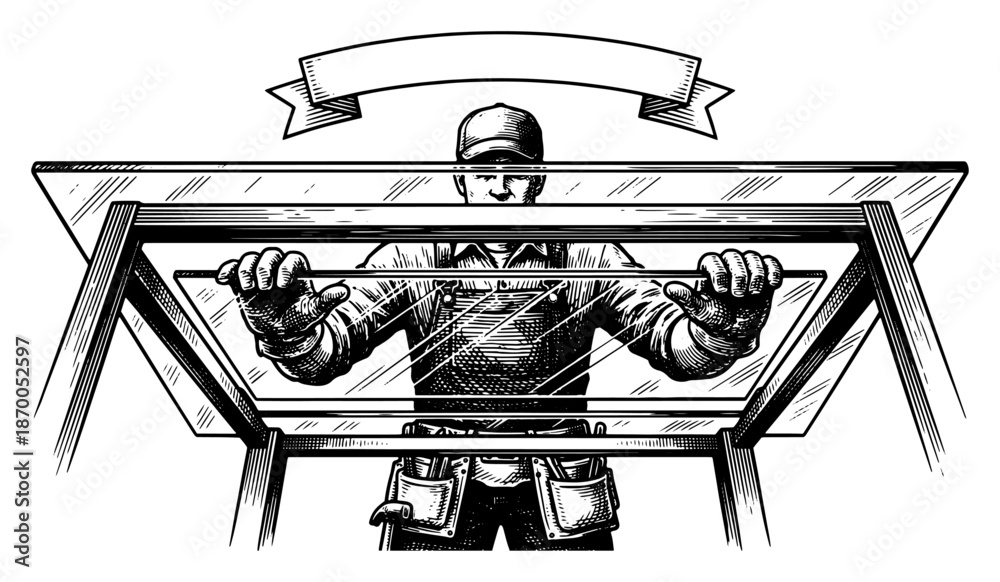 Fototapeta premium Construction worker installing large glass pane into frame with banner