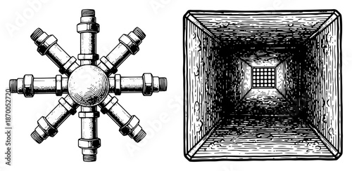 Radial pipe manifold connection and deep square shaft view