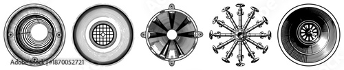 Set of round industrial ventilation and pipeline parts in engraving style