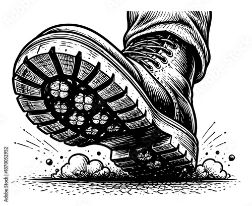 Low angle view of heavy boot stepping on ground with dust splash