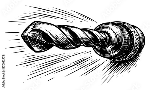 Spinning metal drill bit with motion lines in vintage engraving style