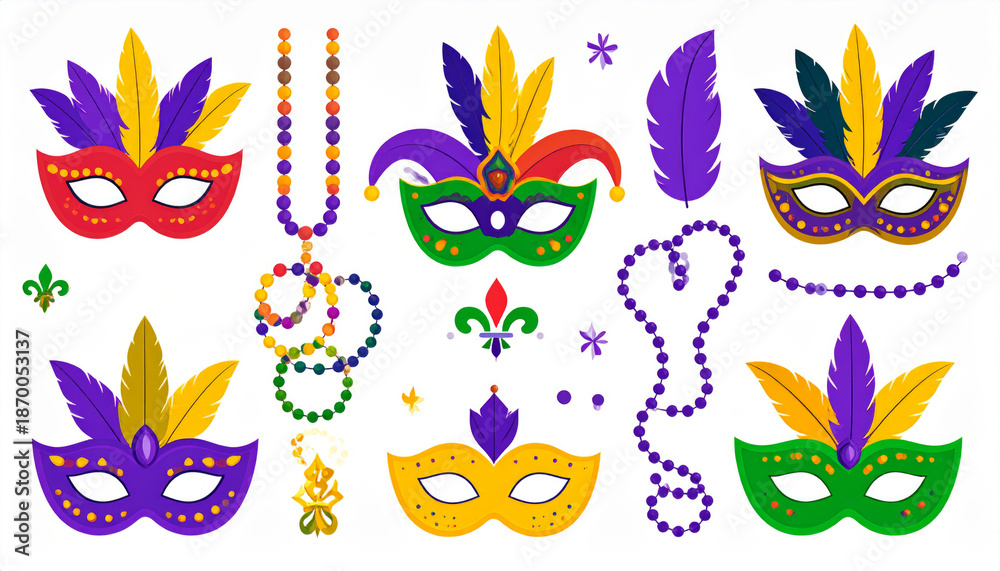 Obraz premium Mardi gras carnival elements like masks beads and feathers set