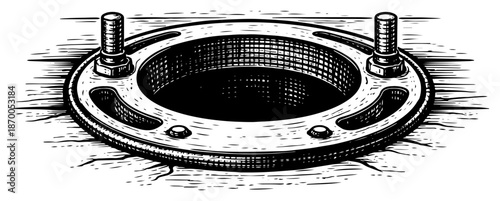 Round toilet flange plumbing part on floor with mounting bolts
