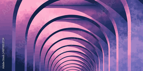Vibrant purple tunnel with arches leading to the distance — EPS vector (editable)