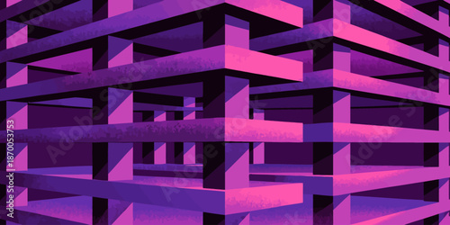 Vibrant purple and pink geometric structure with intersecting beams — EPS vector (editable)