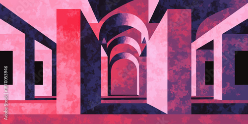 Vibrant pink and purple abstract architectural illustration with arches — EPS vector (editable)