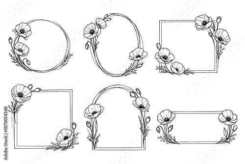 Elegant floral frames with hand-drawn poppies for versatile design uses