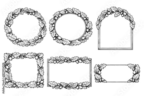 Elegant black and white oak leaf frames with acorns for creative designs