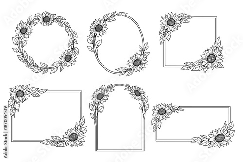Elegant sunflower frames with leaves in linear art style for invitations and decoration