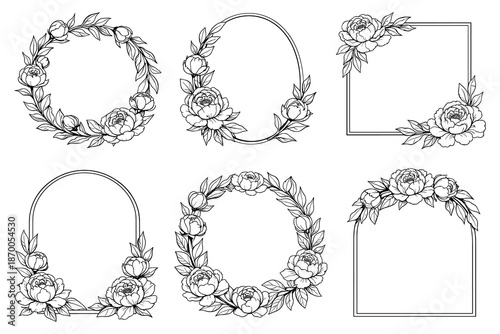 Elegant floral frames collection with peonies and leaves for invitations and crafts