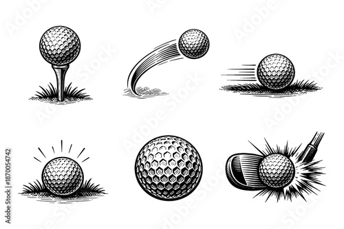 Vintage golf ball emblems with classic etching style for sports design