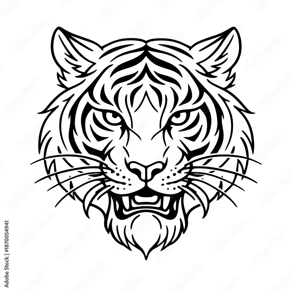 Fototapeta premium Detailed black and white tiger head design for tattoo and prints