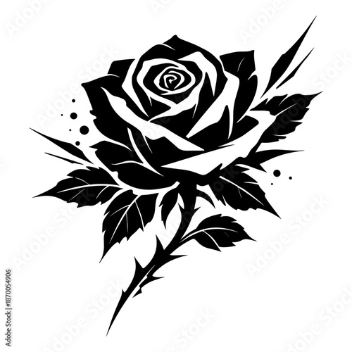 Intricate rose design: bold black and white stencil with sharp angles and dynamic petals