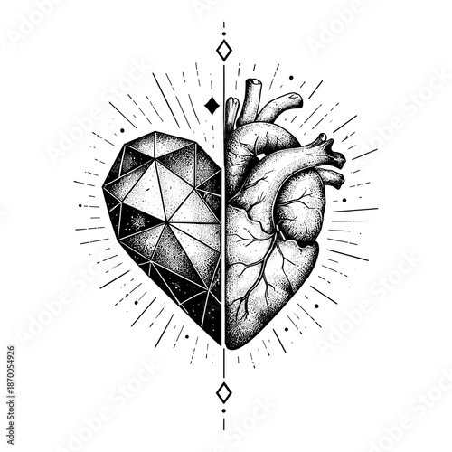 Artistic duality: geometric crystal heart meets detailed anatomical design