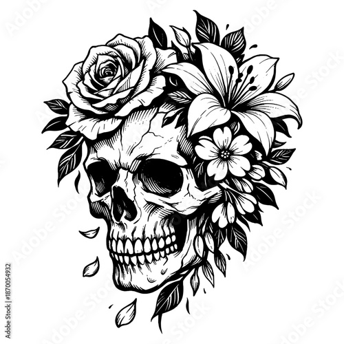 Floral skull with roses and lilies in intricate black and white sketch