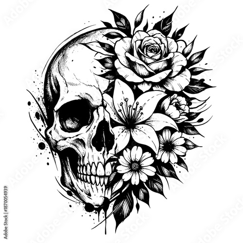 Intricate skull and floral ink artwork: skeleton art with roses and lilies in black and white