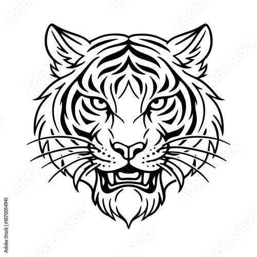 Detailed black and white tiger head design for tattoo and prints