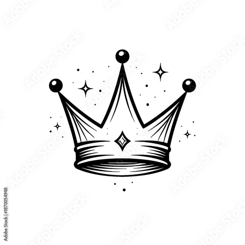 Elegant black and white crown with stars and sparkles in tattoo style