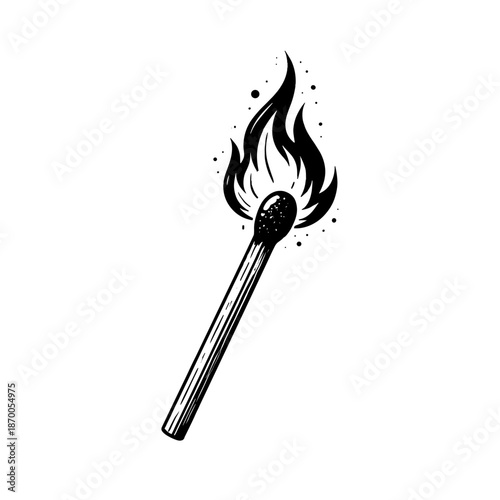 Vintage style burning matchstick with flame in black and white