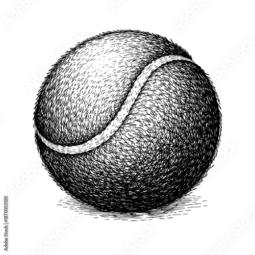 Detailed pen drawing of a tennis ball with textured lines and shades