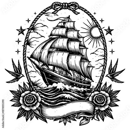 Vintage nautical tattoo design with sailing ship and swallows in black and white
