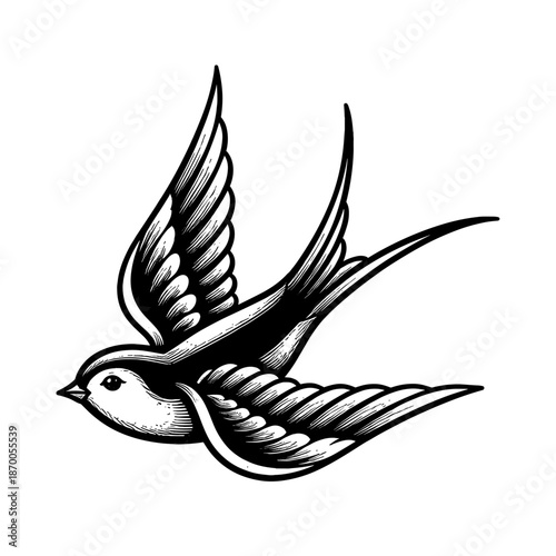 Vintage swallow bird in black and white tattoo style design